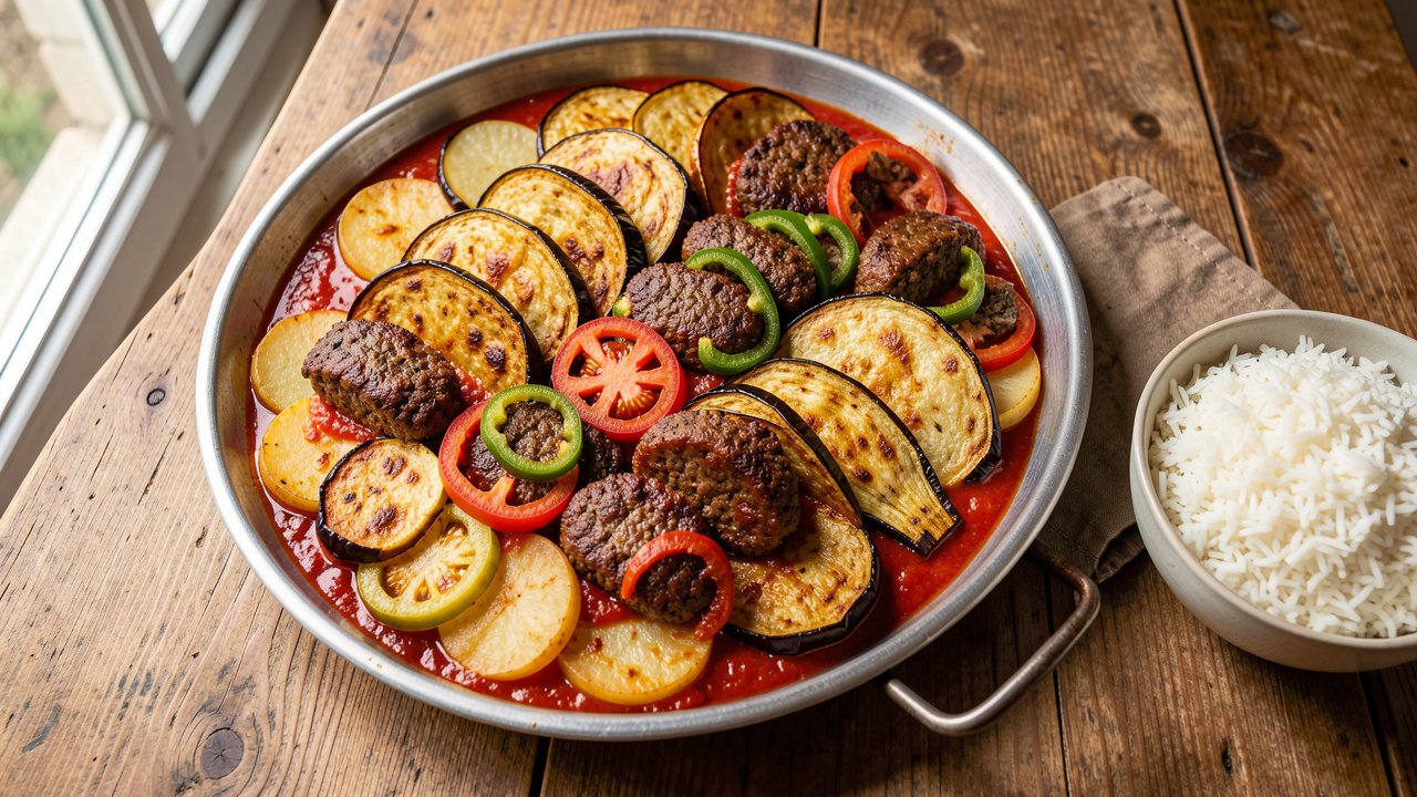 An Iraqi tepsi baytinijan tray of fried eggplant, kofta, and vegetables in tomato sauce, served with rice