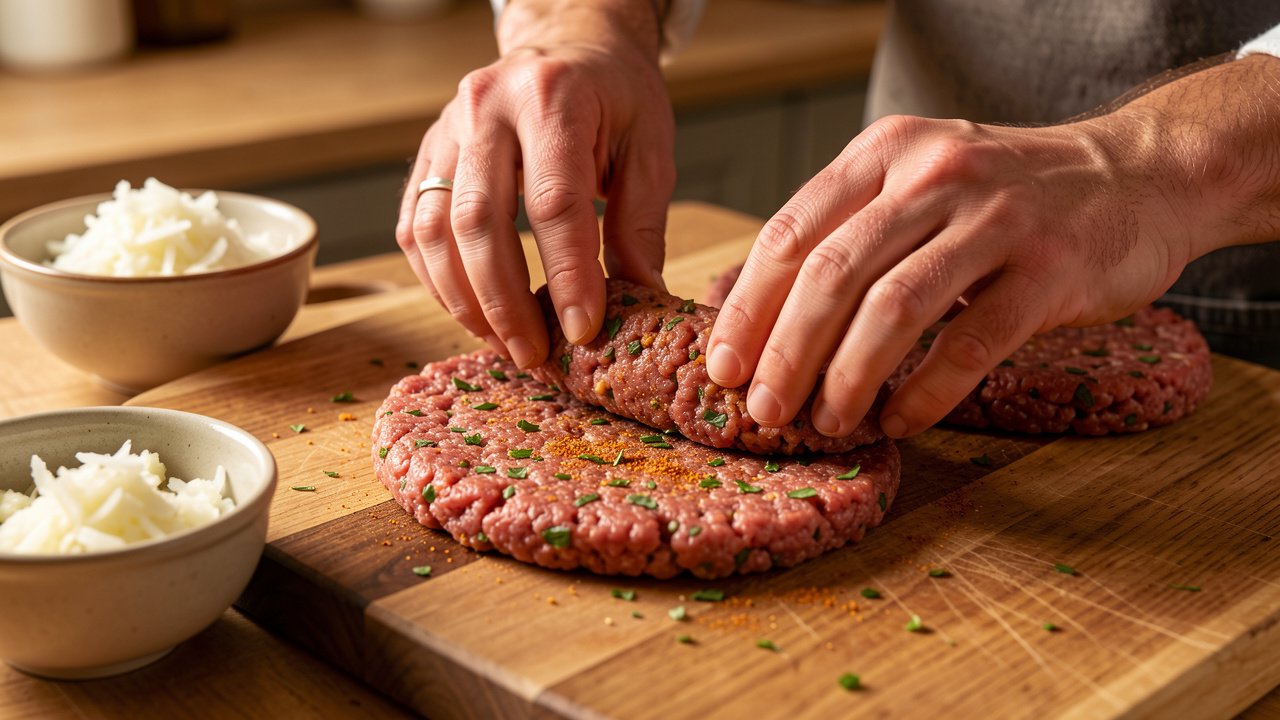 Hands shaping seasoned beef kofta into flat patties on a board