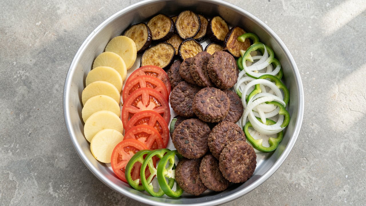 An unbaked tray of layered eggplant, kofta, tomato, potato, and bell pepper