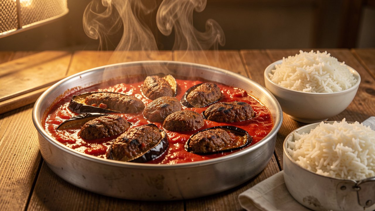 A finished baked tepsi baytinijan tray with glossy tomato sauce, served with rice