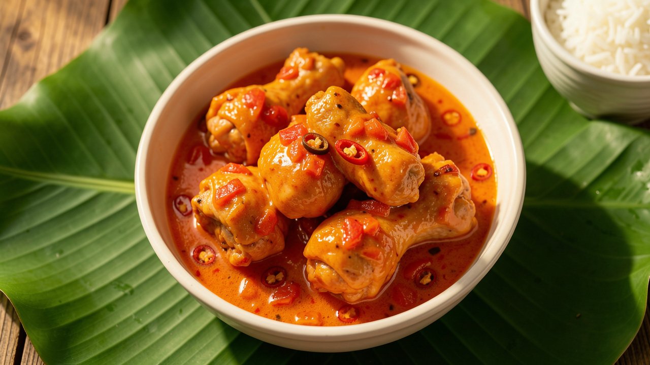 Kadon pika, spicy CHamoru chicken in a creamy red-orange coconut-tomato sauce, served with white rice