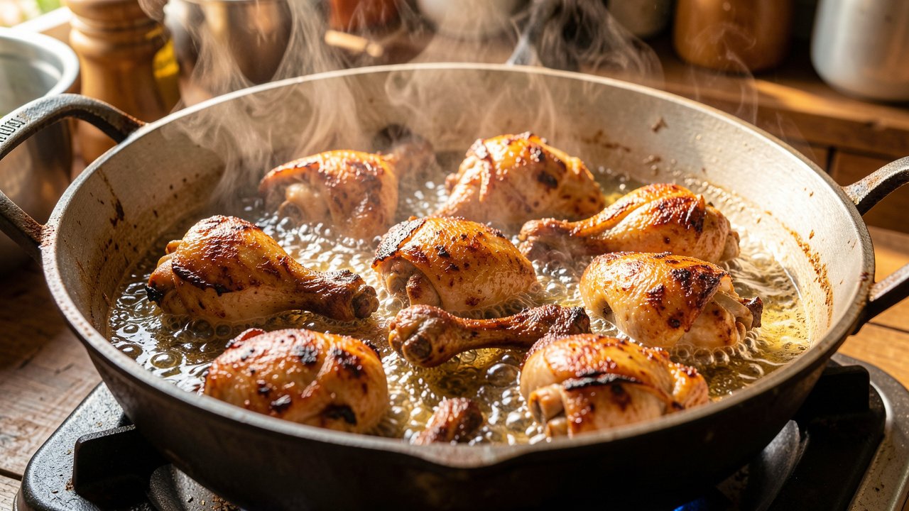 Halal chicken pieces searing to golden brown in a heavy pot