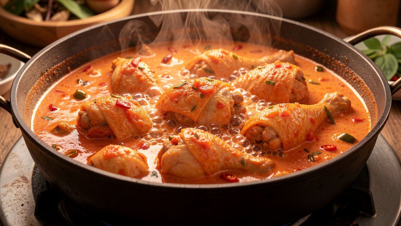 Chicken simmering in a creamy red-orange coconut-tomato chili sauce