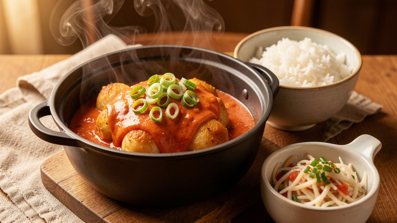 Finished kadon pika garnished with green onions, served with white rice and finadene