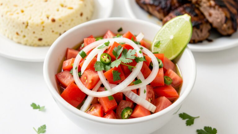 A bowl of fresh Kenyan kachumbari with diced tomato, sliced onion, chili, and cilantro