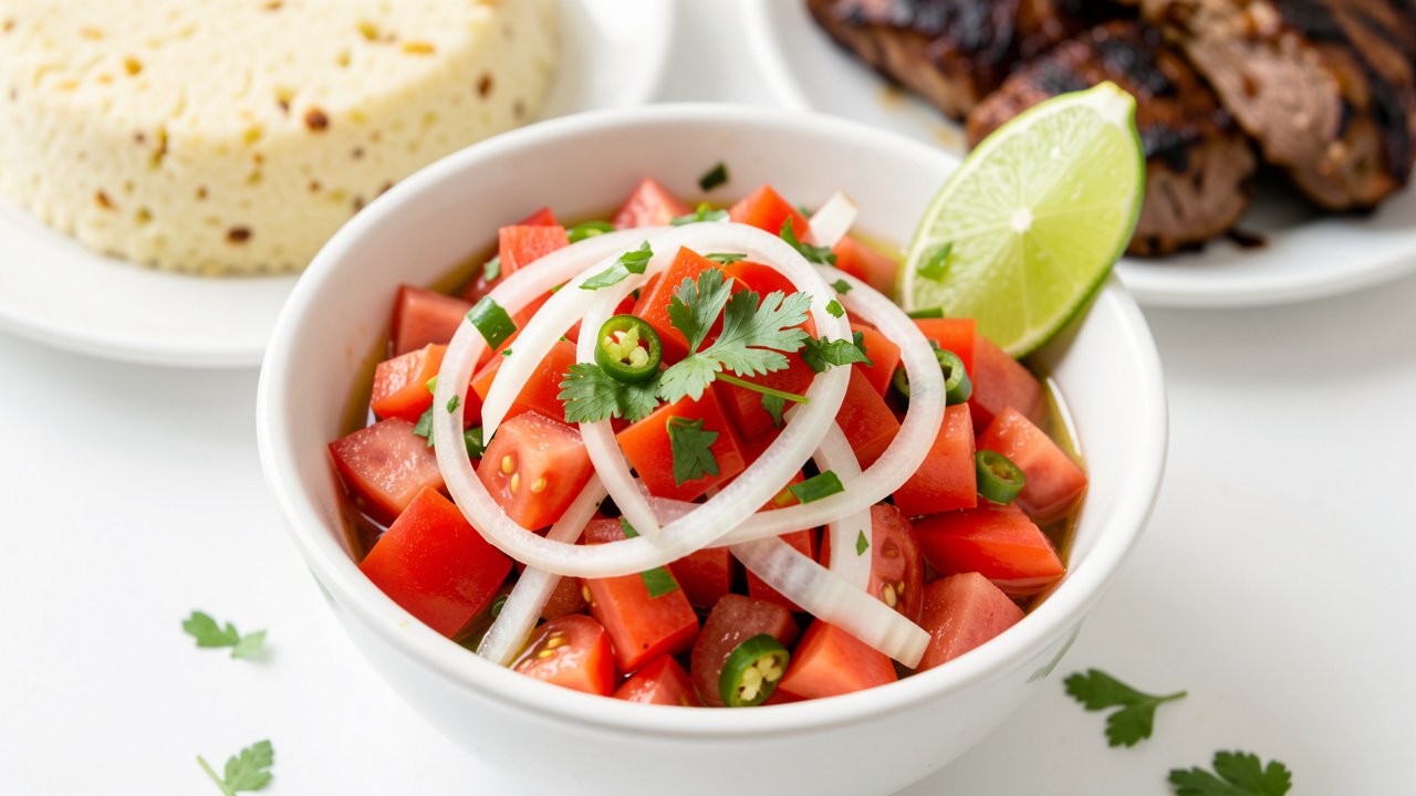 A bowl of fresh Kenyan kachumbari with diced tomato, sliced onion, chili, and cilantro