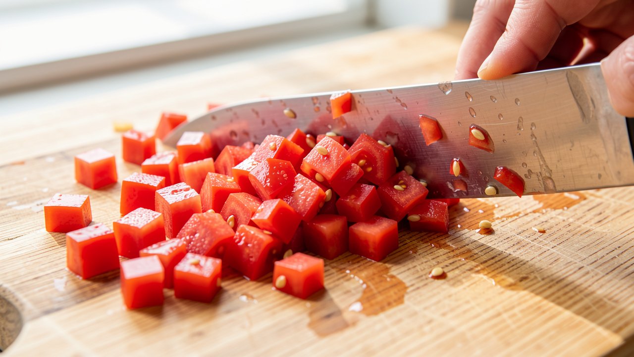 Ripe tomatoes being diced into small cubes on a wooden board