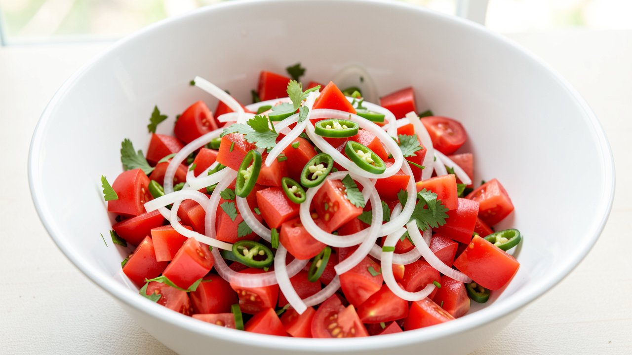 Tomatoes, onion, chili, and cilantro being tossed together in a bowl