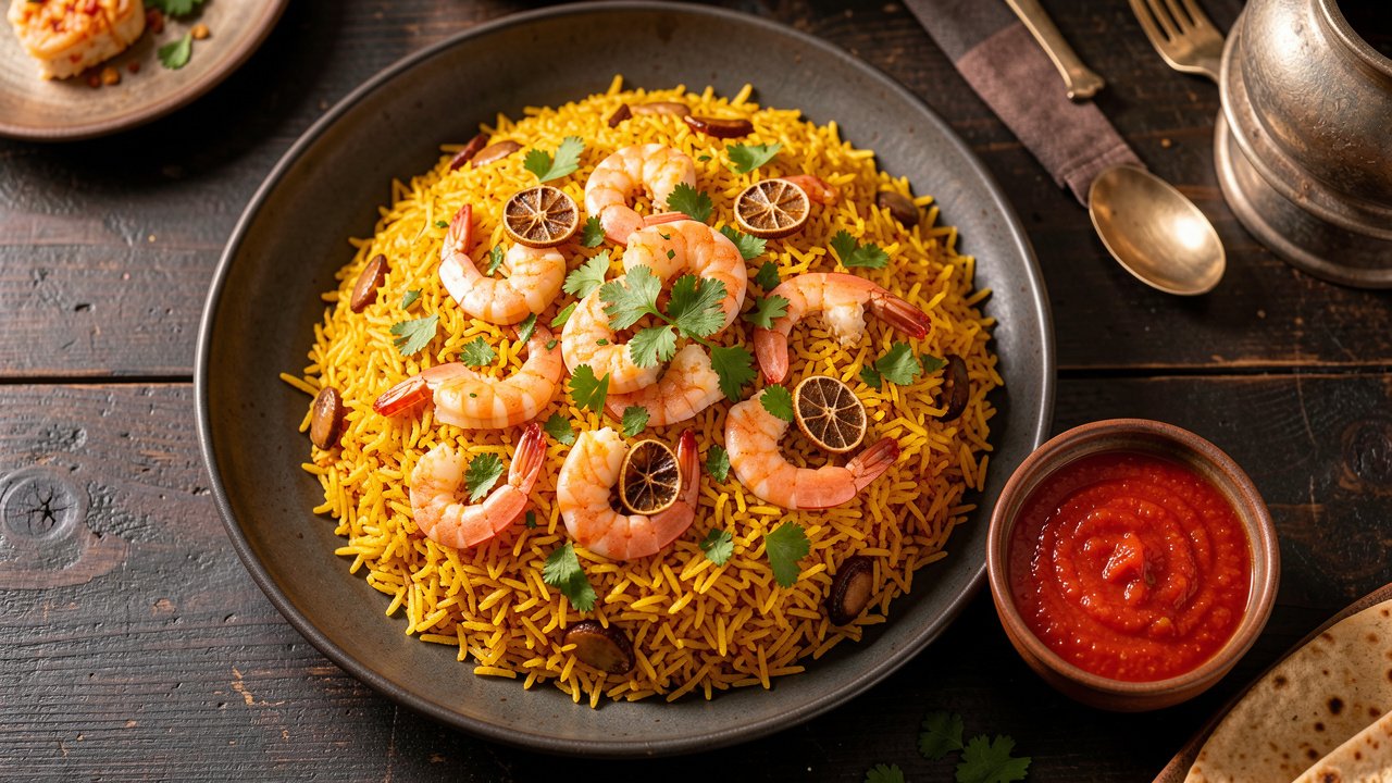 A platter of golden Kuwaiti murabyan rice topped with shrimp, dried lime, and cilantro, with daqoos on the side