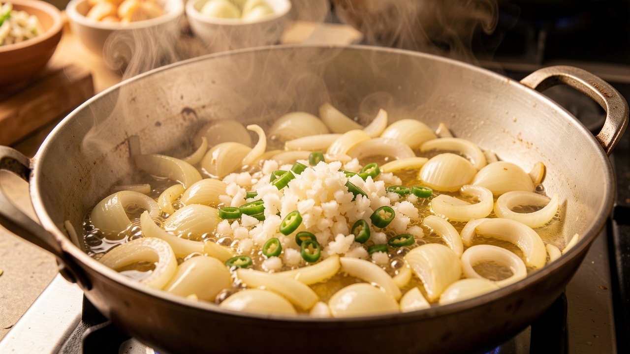 Onions, garlic, ginger, and green chili softening in oil in a wide pot