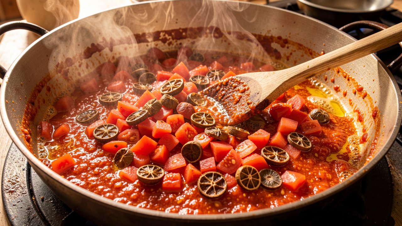 Tomatoes and dried limes cooking into a thick jammy spiced base in a pot