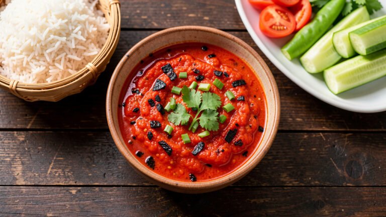 A bowl of smoky Laotian jeow mak len roasted tomato dip served with sticky rice and raw vegetables