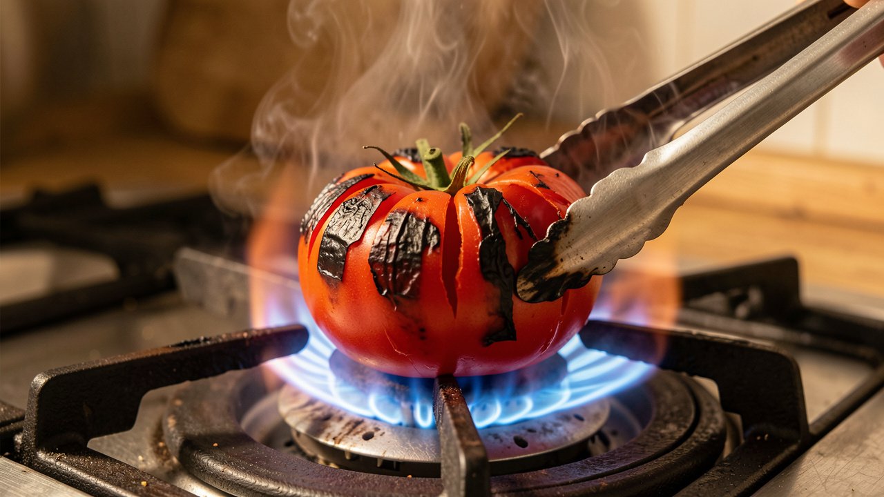 Whole tomatoes charring over an open flame with blackened, blistered skins