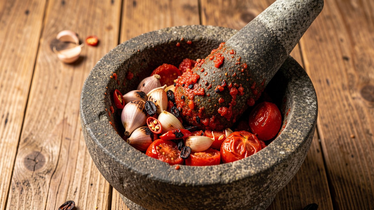 Charred garlic, shallot, chili and tomatoes being mashed into a rough dip in a mortar