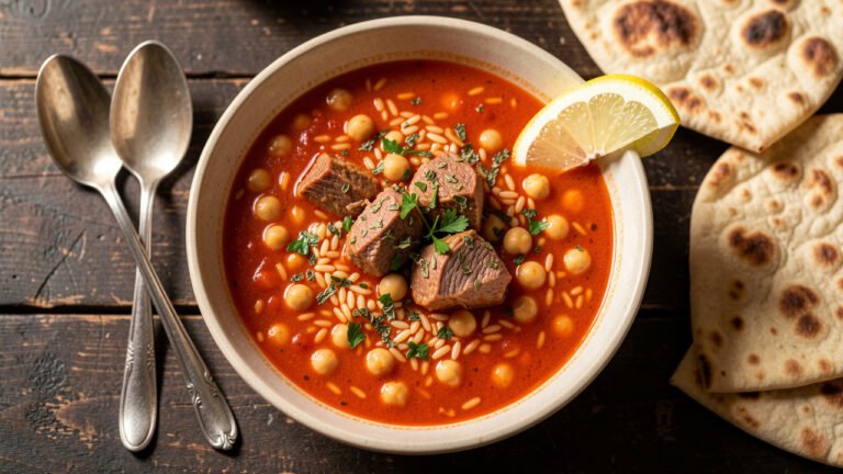 A bowl of Libyan Sharba spiced lamb and tomato soup with chickpeas, orzo, and mint, with a lemon wedge
