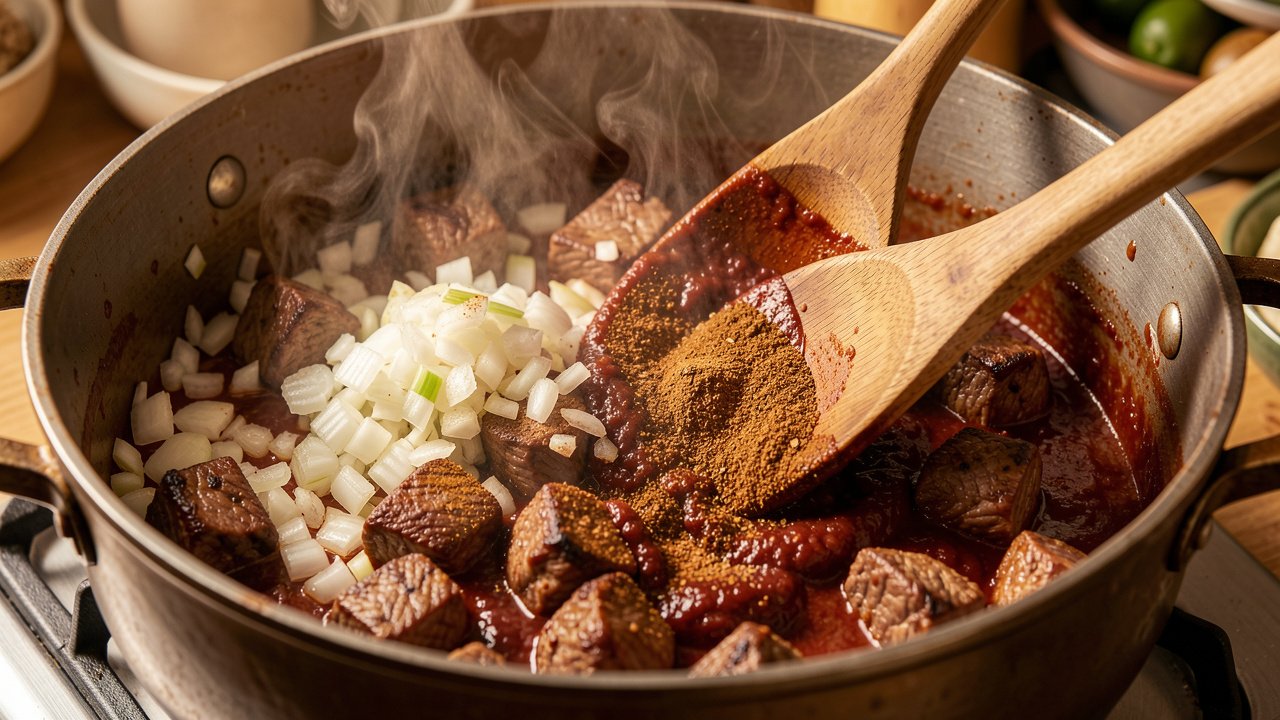 Onion and lamb with tomato paste and hararat spices being stirred in a pot