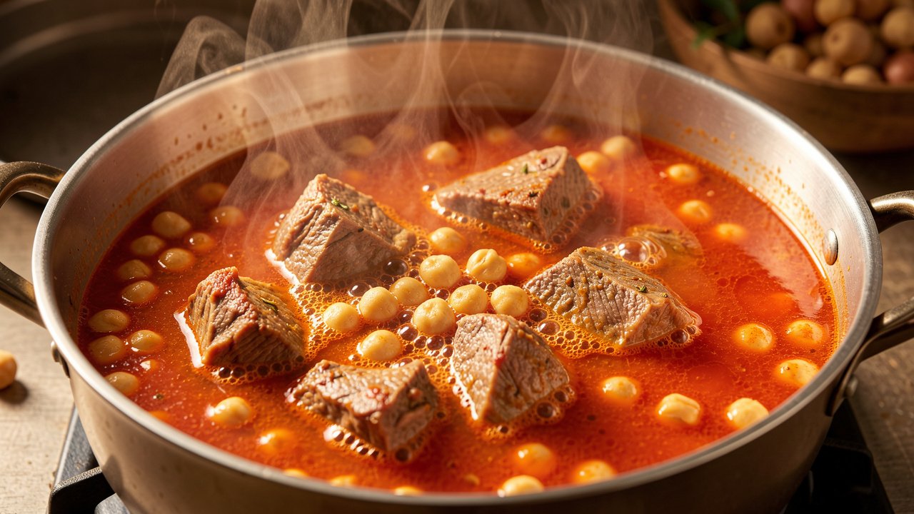 Spiced tomato broth simmering with lamb and chickpeas in a pot