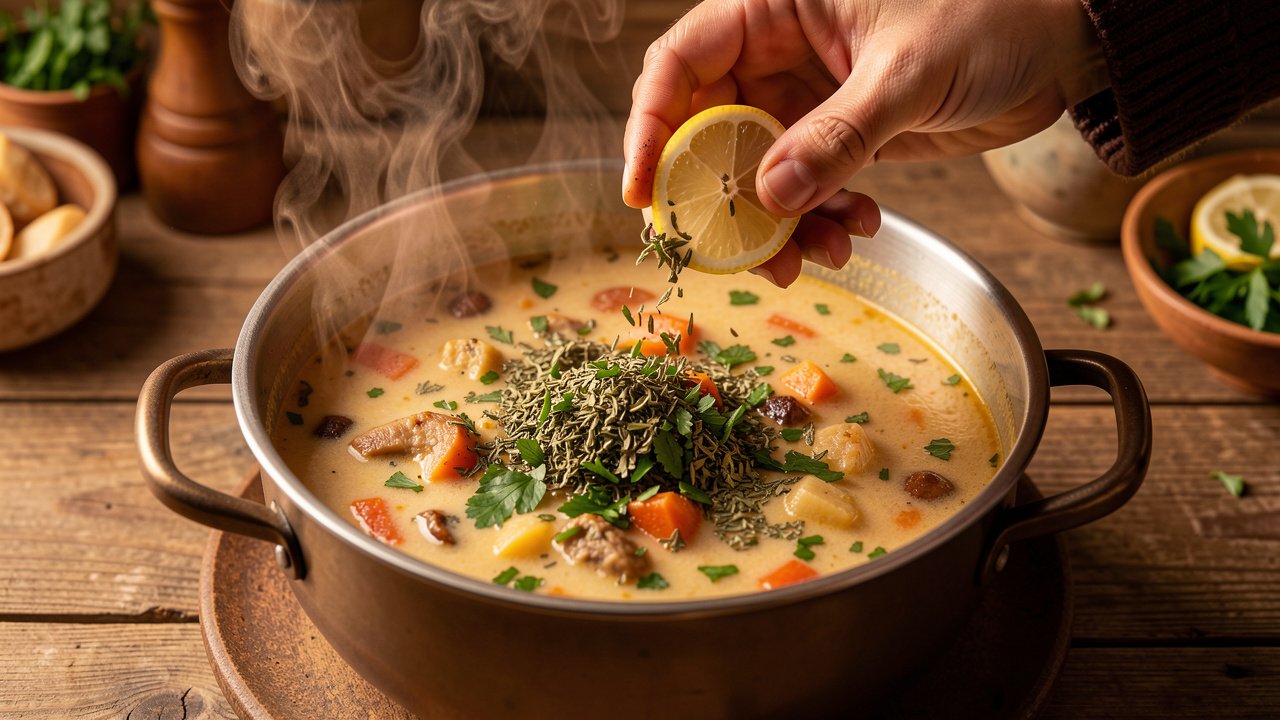 Libyan Sharba being finished with dried mint, parsley, and lemon in a pot