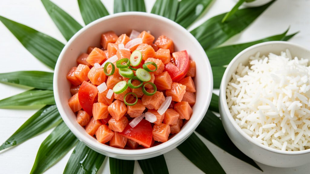 A bowl of chilled lomi lomi salmon with diced salmon, tomato, and onion, served with rice