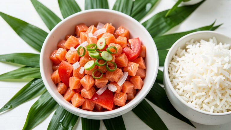 A bowl of chilled lomi lomi salmon with diced salmon, tomato, and onion, served with rice