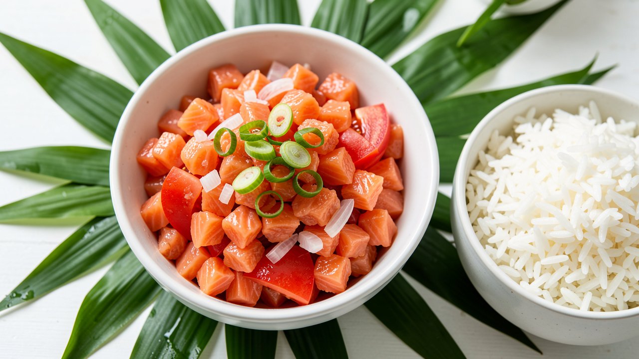 A bowl of chilled lomi lomi salmon with diced salmon, tomato, and onion, served with rice