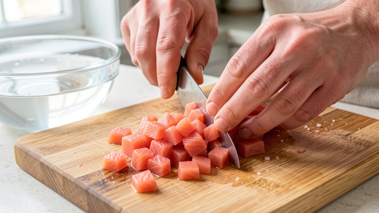 Hands dicing rinsed salt-cured salmon into small even cubes on a board