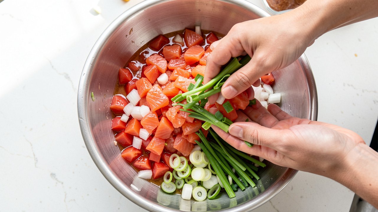 Hands gently mixing diced salmon, tomato, and onion together in a bowl
