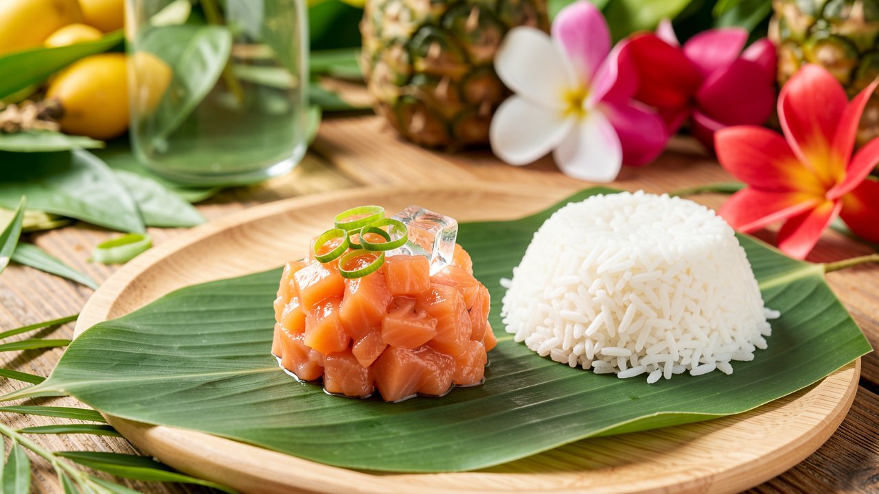 A chilled scoop of lomi lomi salmon served with ice and rice on a luau table