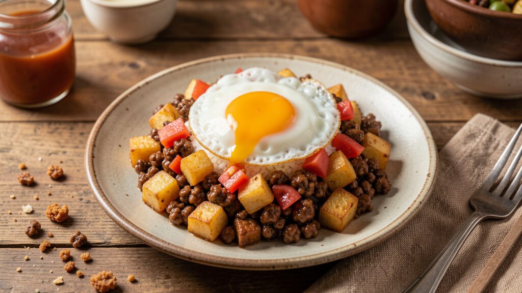 A plate of Macanese minchi with minced beef, crispy potato cubes, and a fried egg over white rice