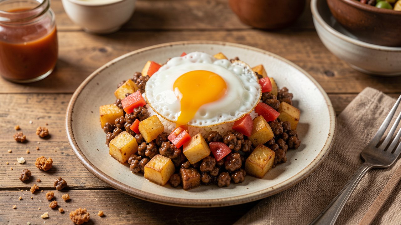 A plate of Macanese minchi with minced beef, crispy potato cubes, and a fried egg over white rice