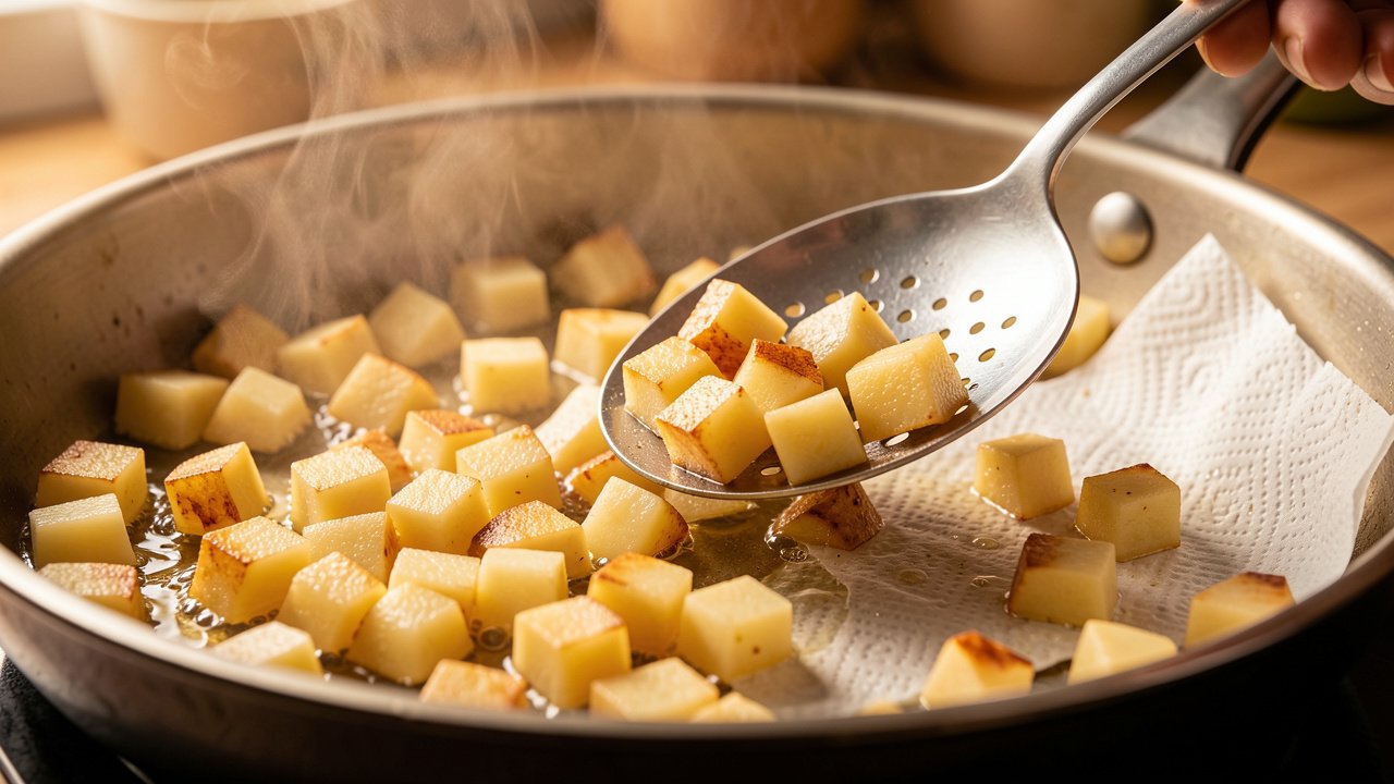 Small potato cubes frying to golden and crisp, lifted onto paper towels