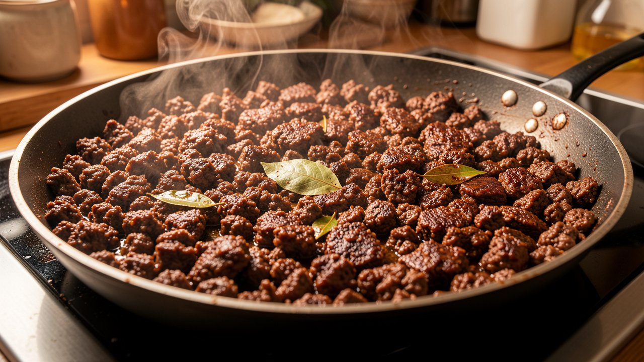Halal ground beef browning deeply in a wide skillet with a bay leaf