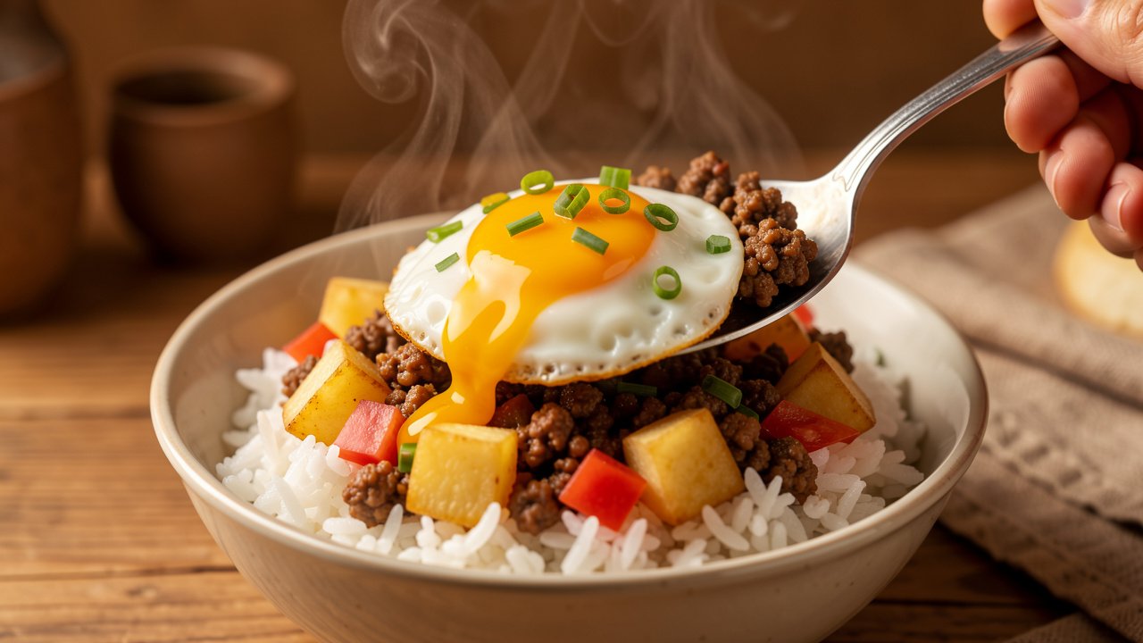 Finished minchi spooned over rice and topped with a fried egg, potatoes and tomato visible