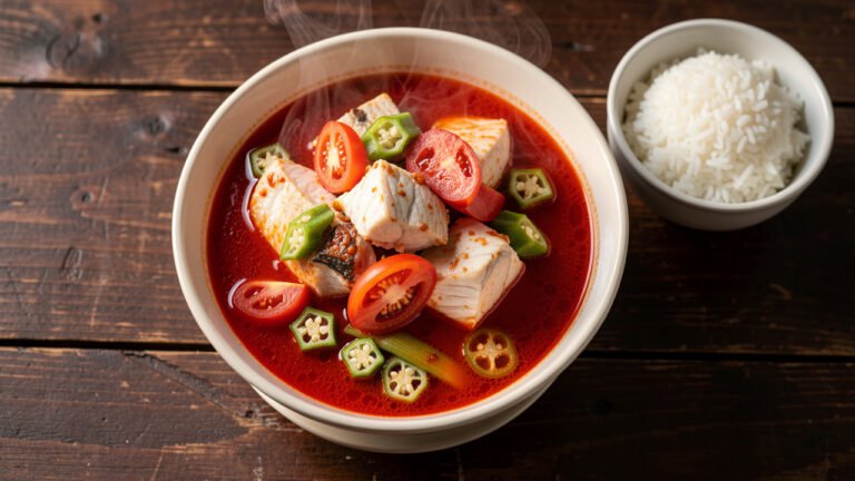 A bowl of Malaysian asam pedas with fish, okra, and tomato in a red tamarind broth, served with rice