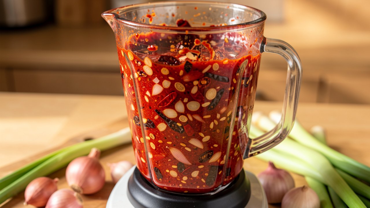 A smooth red rempah paste of blended chilies, shallots, garlic, and lemongrass