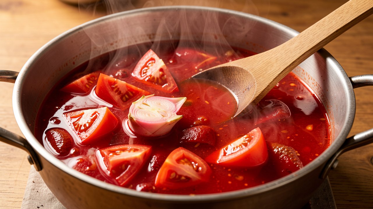 A red tamarind broth simmering with tomato wedges and torch ginger in a pot