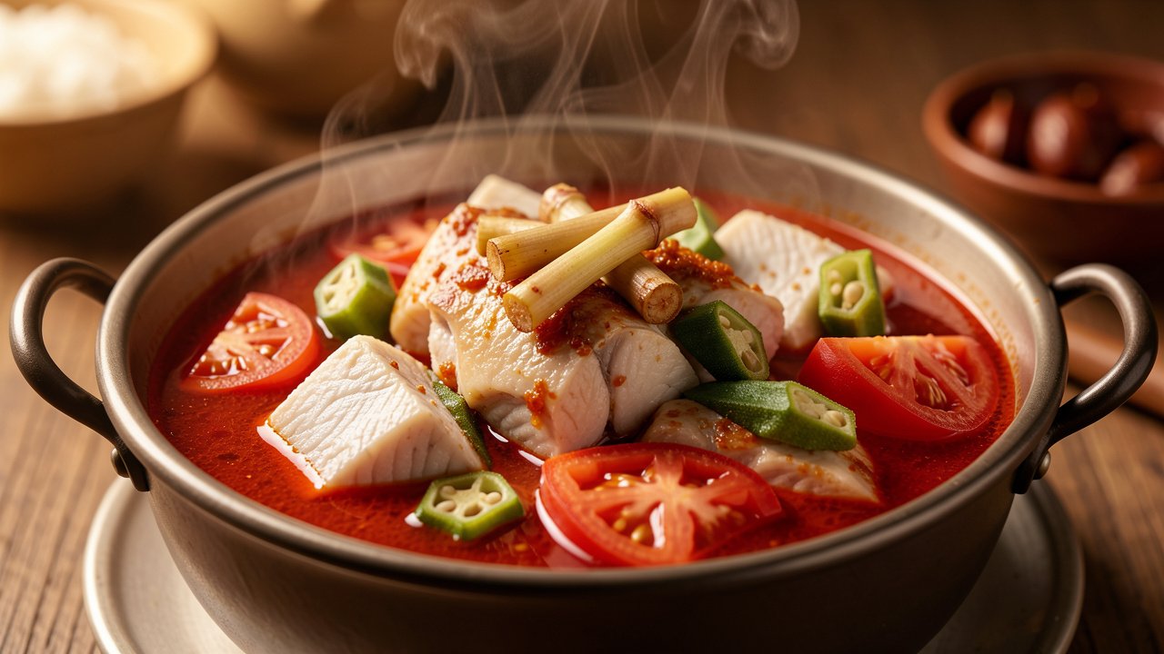 Finished asam pedas with fish, okra, and tomato in a red sour broth
