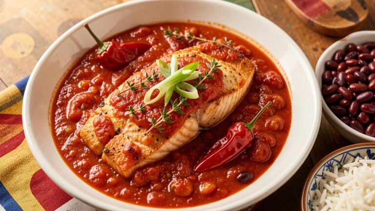 Fish steaks in a rich red Creole tomato sauce with thyme and Scotch bonnet, served with rice and red beans