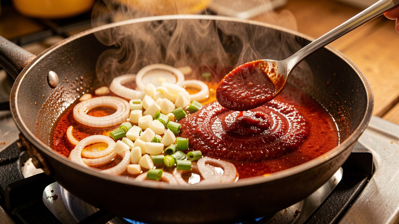 Onion, garlic, and scallion softening in red annatto oil with tomato paste