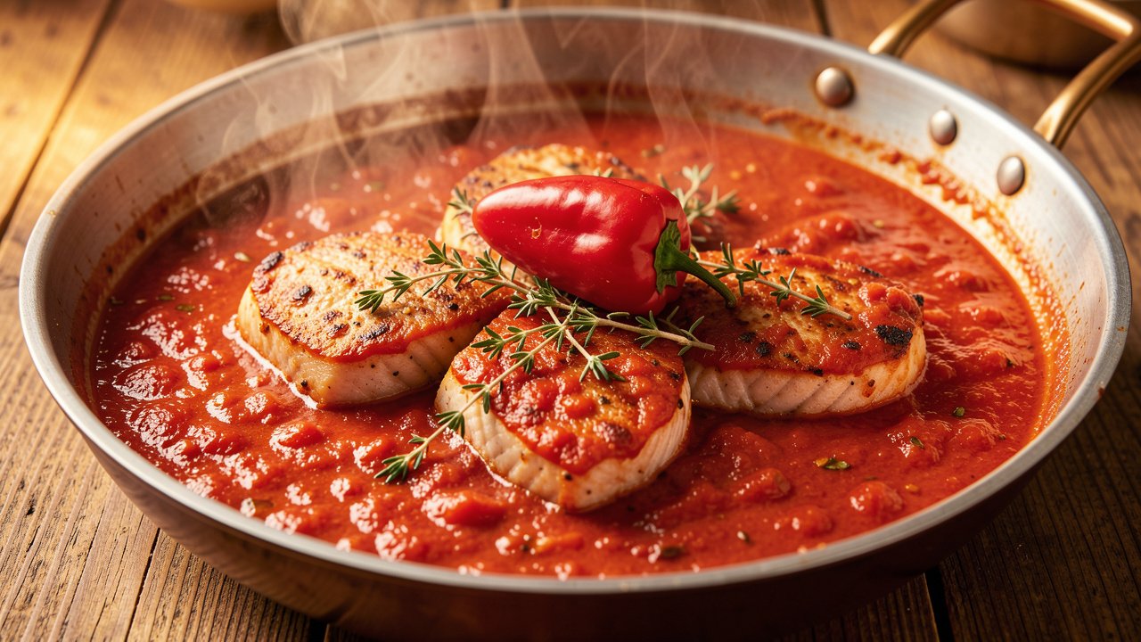 Fish steaks nestled into red Creole tomato sauce with a whole Scotch bonnet on top