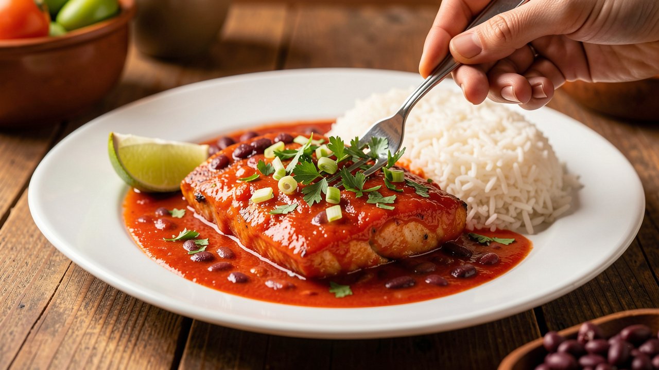 Finished court-bouillon de poisson garnished with parsley and scallion, served with rice and red beans