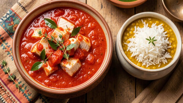 A dish of Mauritian rougaille with halal fish in tomato sauce, served with rice and lentil dal