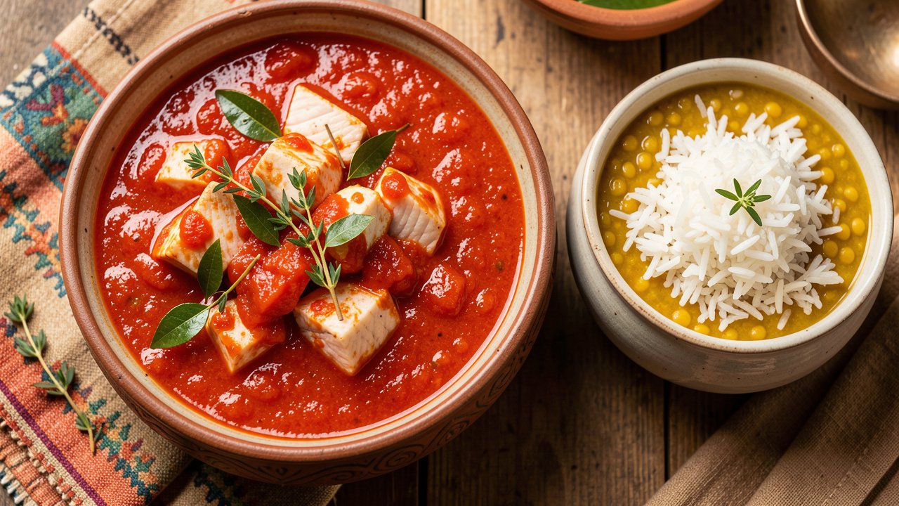 A dish of Mauritian rougaille with halal fish in tomato sauce, served with rice and lentil dal