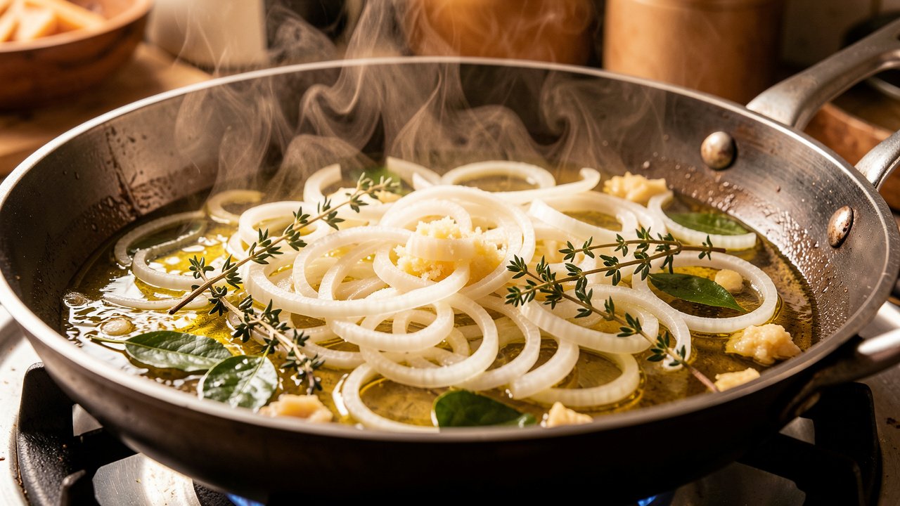 Onions softening with thyme, curry leaves, and ginger in a pan