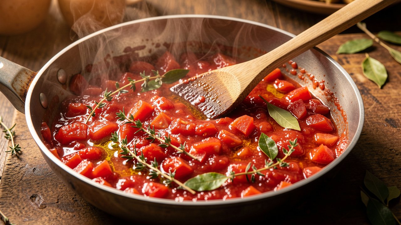 Tomatoes simmering down into a thick jammy rougaille sauce in a pan