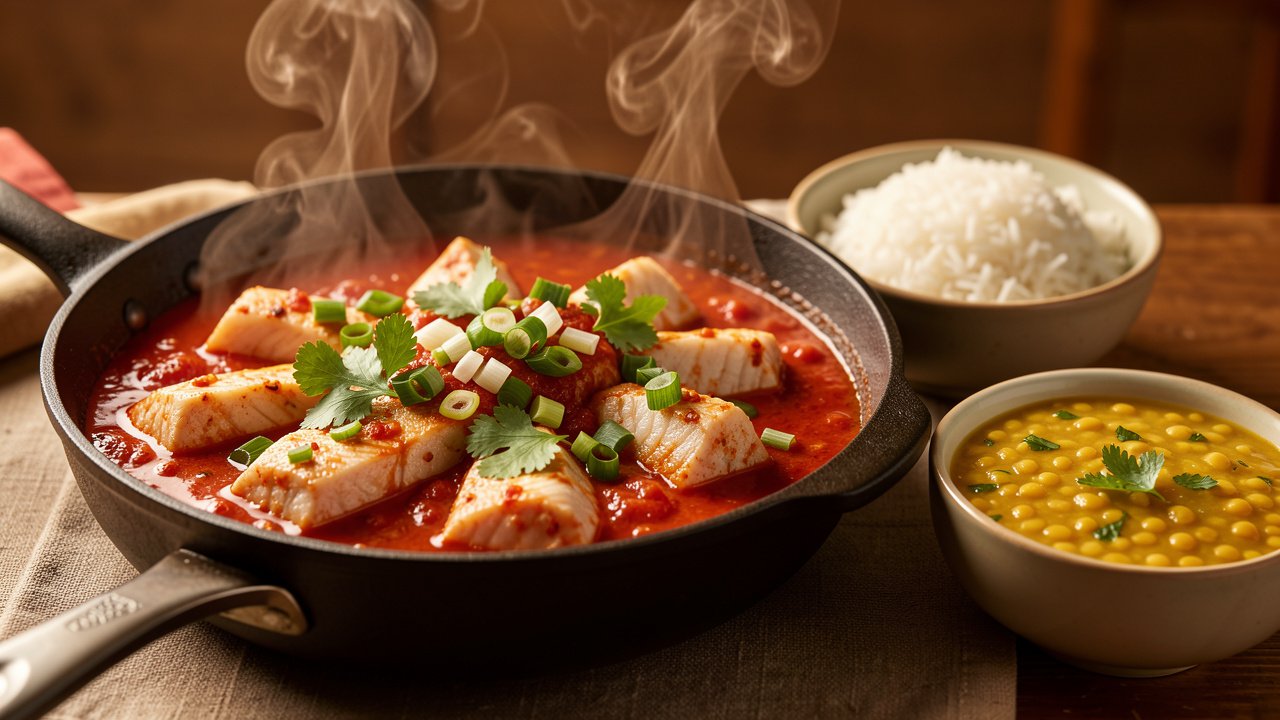 Finished rougaille garnished with spring onions and cilantro, served with rice and dal