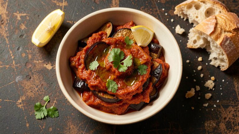 A bowl of Moroccan zaalouk topped with olive oil and cilantro, served with crusty bread