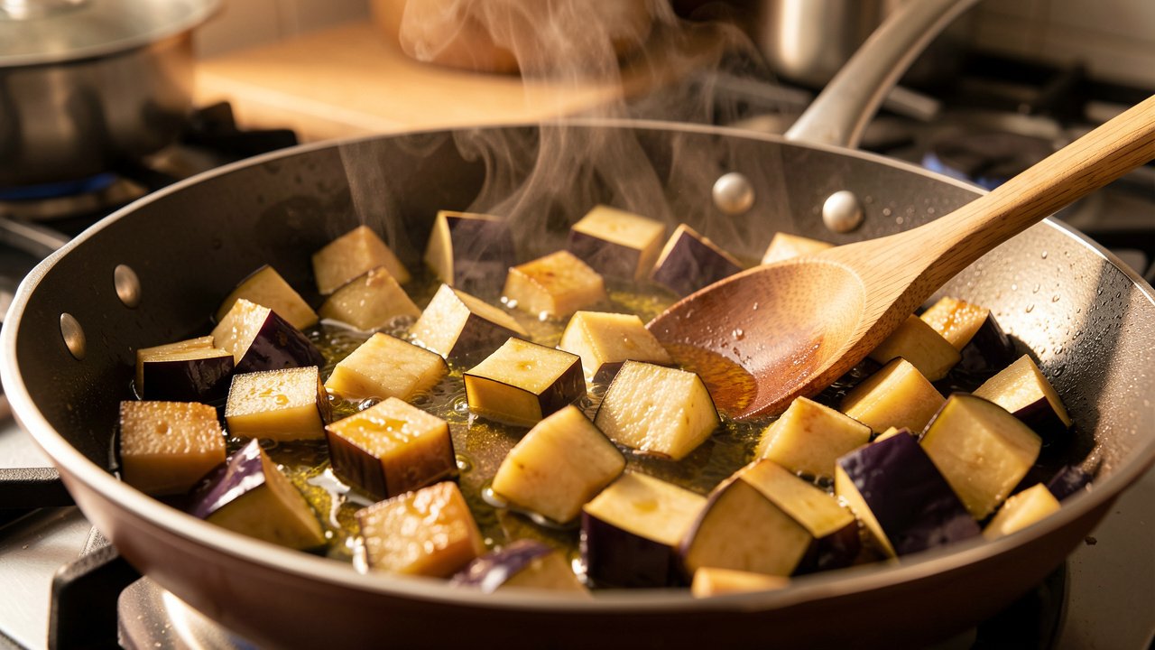 Cubes of eggplant softening and turning golden in olive oil in a pan
