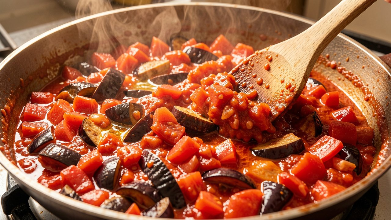 Tomatoes and eggplant cooking down into a thick red mixture in a pan