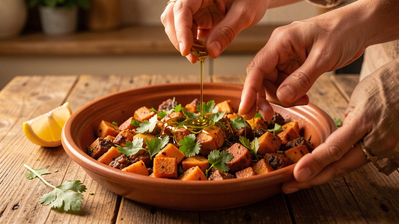 Finished zaalouk drizzled with olive oil and sprinkled with cilantro, lemon wedge on the side